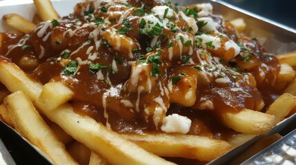 Poster - La Poutine Week Delicious poutine dish with gravy and cheese curds topped with fresh herbs