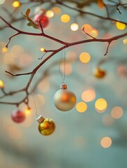 Poster - Shiny ornaments in red, gold, and silver dangle from a branch, illuminated by warm, glowing holiday lights in a festive atmosphere. Generative AI