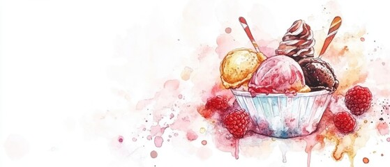 Wall Mural - National Ice Cream for Breakfast Day Delicious ice cream sundae with berries and colorful watercolor splash for dessert inspiration