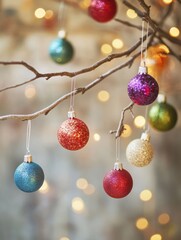 Poster - Brightly colored ornaments dangle from a branch, surrounded by sparkling lights, creating a joyful atmosphere for the holidays. Generative AI