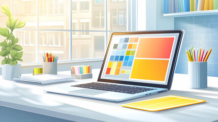A laptop with a color palette on the screen sits on a white desk in a home office.