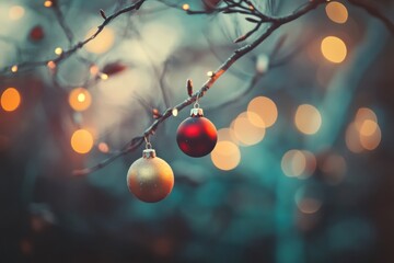 Poster - Brightly colored Christmas ornaments dangle from a bare tree branch, surrounded by soft, glowing lights that create a warm, festive atmosphere. Generative AI