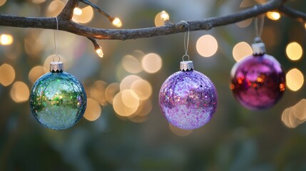 Poster - Colorful ornaments hang gracefully from a branch, illuminated by twinkling lights that enhance the cheerful holiday spirit. Generative AI