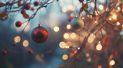 Poster - Brightly colored ornaments dangle from branches, illuminated by soft lights, creating a festive atmosphere in winter’s embrace. Generative AI