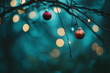 Poster - Brightly colored Christmas ornaments dangle from bare branches, glowing among soft, warm lights on a chilly winter night. Generative AI