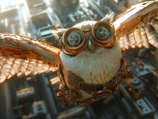 Poster - A steampunk owl with goggles and gears flies over a futuristic cityscape.