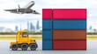 © KKC Studio - Heavy-duty loader truck beside stacked shipping containers with an airplane flying overhead, depicting transportation, logistics, and trade activity in an urban setting.