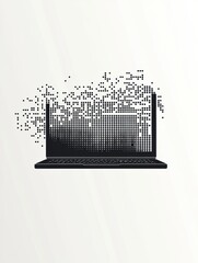 Poster - A digital illustration features a laptop with pixel elements dispersing, symbolizing the fusion of technology and creativity in contemporary design. Generative AI