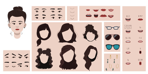 asian female face constructor, avatar of woman character creation hairstyle, nose, eyes with eyebrow