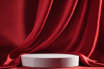 Wall Mural - White cylindrical podium on red silk backdrop