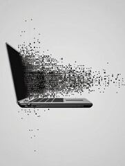 Fototapete - A sleek laptop disintegrates into pixel elements, illustrating a creative concept of digital transformation in a workspace. Generative AI