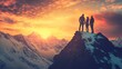 © idealxone - Two Hikers Witnessing a Breathtaking Sunset on a Snowy Mountaintop