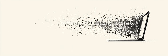 Aufkleber - The laptop displays pixel elements gradually dispersing, creating an abstract digital effect in a contemporary workspace setting. Generative AI