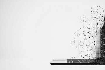 Leinwandbilder - A sleek laptop displays an innovative design with pixelated elements, highlighting creativity and technology in a calm workspace. Generative AI