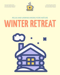 Wall Mural - Winter Retreat House Concept Vertical Invitation Placard Poster Banner Card Template. Vector illustration of Quiet Rural Cottage Building