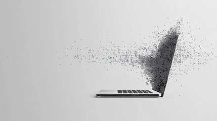 Poster - A sleek laptop with pixel elements emerges from a gray background, illustrating digital transformation in a contemporary setting. Generative AI