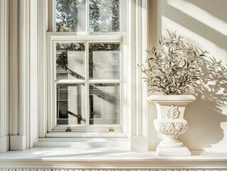 A white window with a potted plant in the sun. AI.