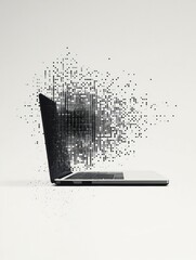 Leinwandbilder - A laptop displays a creative explosion of pixel elements, symbolizing digital innovation in a contemporary setting. Generative AI