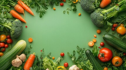 Wall Mural - Fresh vegetables arranged in a circle around a green background.