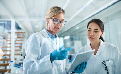 Poster - Women, scientist and discussion in lab with tablet, reading and review for experiment results at pharma company. People, mentor and feedback with solution, stats or medical research for mpox vaccine