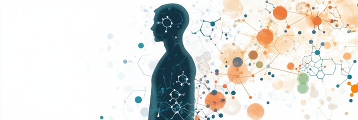 Fototapete - A silhouette of a person surrounded by colorful molecular structures and diagrams, emphasizing scientific exploration and discovery. Generative AI