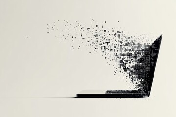Poster - The laptop displays a unique pixel effect, creating a visual representation of digital change in a simple, stylish environment. Generative AI