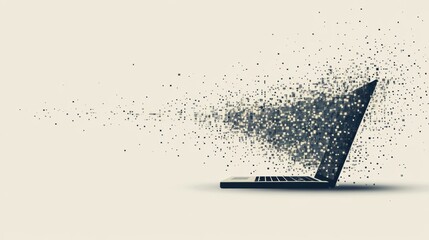Leinwandbilder - The laptop emits pixel elements that disperse into the air, representing technological evolution in a modern office environment. Generative AI
