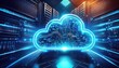 © Juri_Tichonow - A glowing neon cloud icon in a modern server room, representing cloud storage.