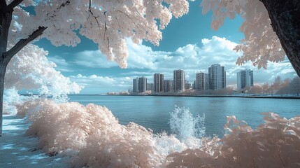 Canvas Print - Cityscape viewed from a park with a river in the foreground.