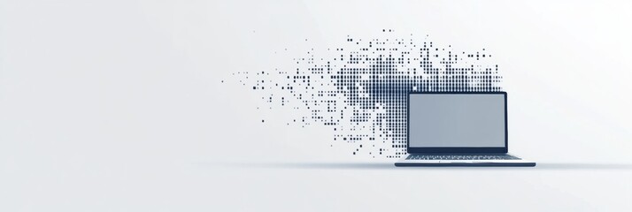 Leinwandbilder - A modern laptop sits in a minimalist setting, with pixel elements appearing to dissolve from its screen into the surrounding space. Generative AI
