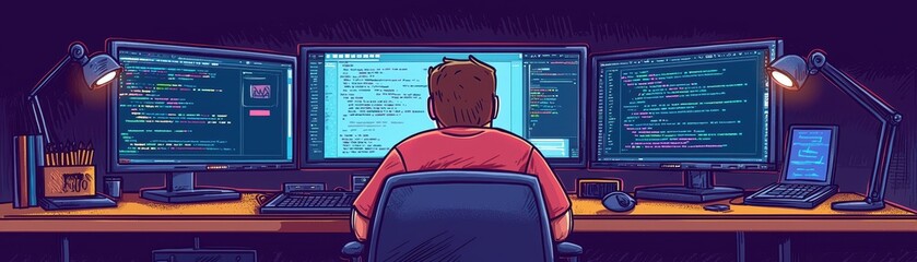 A programmer working at three monitors, focused on coding and problem solving.