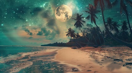 Beautiful tropical beach with stars and moon at night.