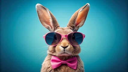 Wall Mural - Cool Bunny in Pink Sunglasses and Bow Tie, Blue Background, Portrait, Close-up, Bunny, Sunglasses, Bowtie