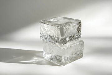 Two clear ice cubes on white background.