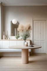 Wall Mural - Scandinavian Style Interior With Round Dining Table, Pampas Grass And Modern Minimalist Decor