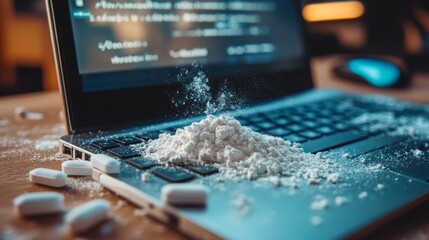 Laptop Keyboard with Scattered White Powder, Pills, and Blurred Code, Concept of Drug Addiction