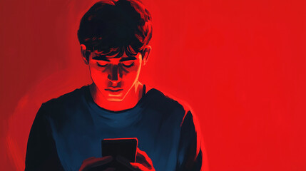 Landscape aspect illustration of a tired teenaged boy or young man staring at his phone, looking worried and serious, with copy space for text. Aspect ratio 16:9