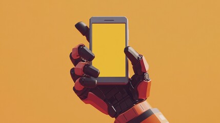 3D minimalist illustration of a robotic hand from the front view, gripping a cell phone with the screen facing the camera, in a Transformers-inspired design