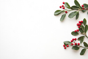 A minimal and elegant design showcasing realistic holly sprigs with vivid green leaves and shiny red berries, arranged on a neutral white background with ample copy space for a festive greeting.