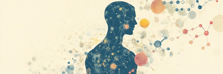 Aufkleber - The human silhouette stands against a backdrop of colorful molecules and diagrams, illustrating the connection between biology and science. Generative AI