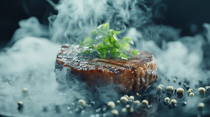 Wall Mural - Close-up of a perfectly cooked steak with smoke rising from the plate, garnished with fresh herbs and black peppercorns.