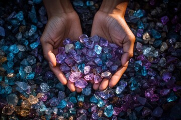 Wall Mural - Hands holding vibrant gems symbolize abundance and beauty. The sparkling colors capture the imagination. Let these crystals inspire creativity and positivity. Generative AI