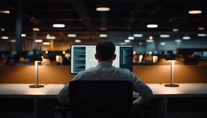 a software engineer types code on dual monitors in a high-tech office space filled with sleek desks 