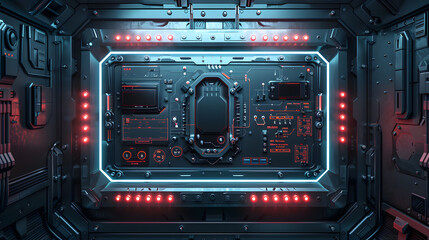 Dark sci-fi led display television futuristic monitor screen device with buttons and card slots in a mechanical frame with iron texture