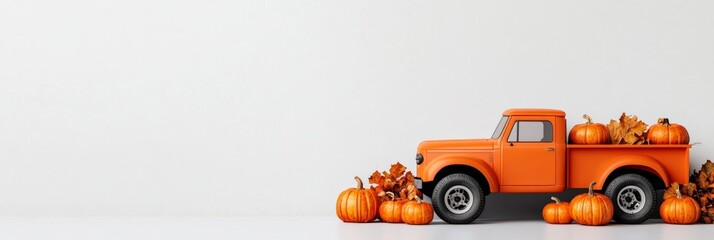 Wall Mural - Orange truck with pumpkins on white backdrop; use warm palette 