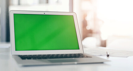 Aufkleber - Green screen, table and laptop for mockup space, advertising promo or placeholder in office. Display, computer or monitor with chroma key for design, sales discount or social media commercial on desk