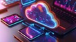 © Napasnan - cloud icon in hologram style, with arrows syncing data between laptop, tablet, and phone
