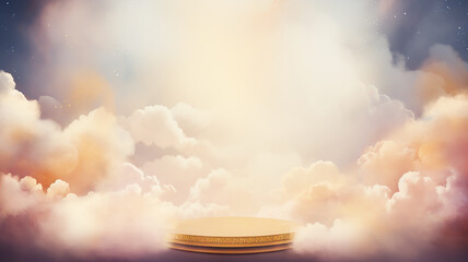 Wall Mural - an empty golden podium on a cloudy background for the presentation of goods in watercolor style