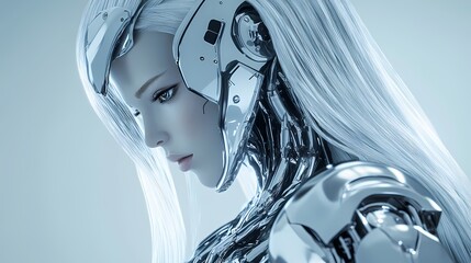 Wall Mural - Digital technology Silver metal robot woman sculpture poster background