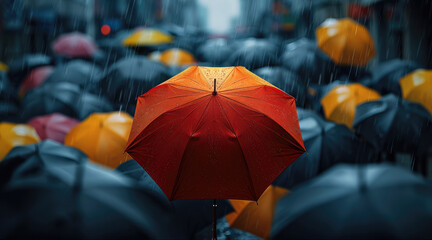 Wall Mural - Sea of black umbrellas covering a rainy city street, with one red yellow umbrella standing out in the center, brightly contrasting the dark surroundings.